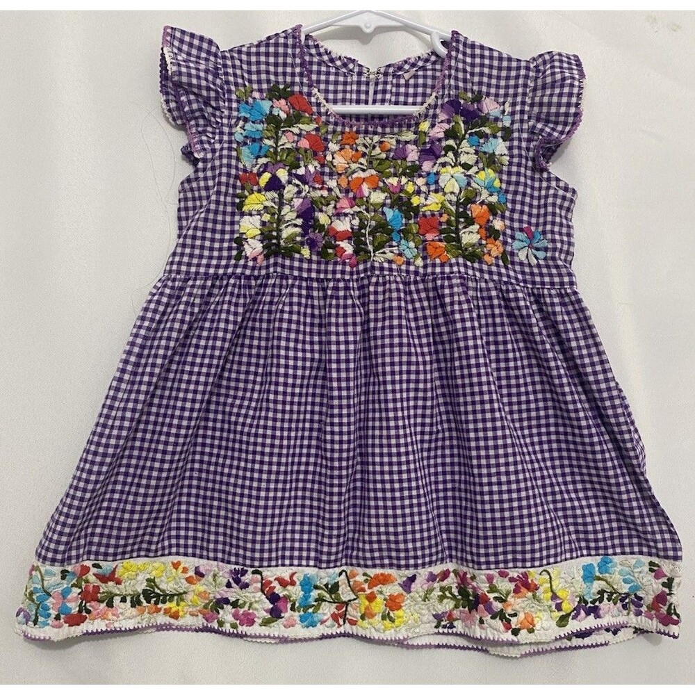 Girls Size 6 Mexican Style Embroidered Tunic Top Purple Gingham Floral Boho